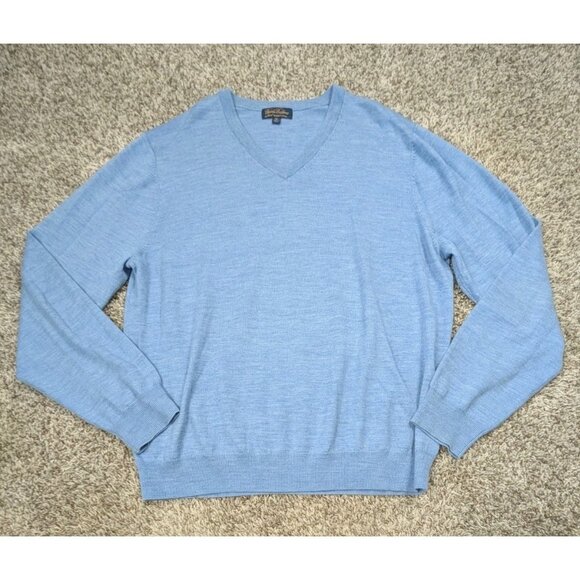 Brooks Brothers Saxxon Reserve Wool Sweater Men's XL Light Blue V-Neck Preppy